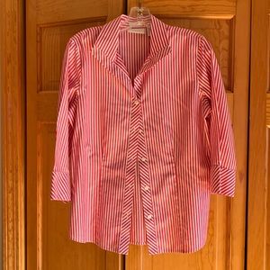 Pink and white stripe button down collard shirt, Chicos size 1.